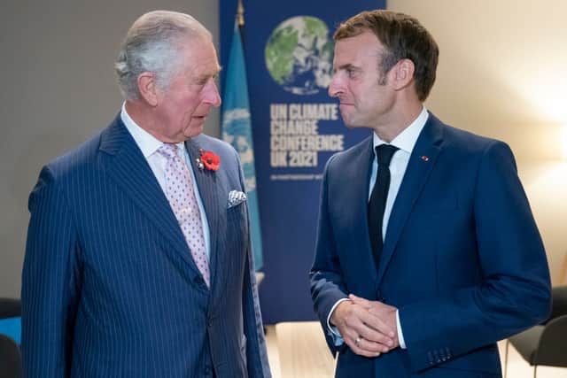 Prince Charles, Prince of Wales meets President of France Emmanuel Macron ahead of their bilateral meeting during the Cop26 summit at the Scottish Event Campus (SEC) on November 1, 2021 in Glasgow, United Kingdom. 2021 sees the 26th United Nations Climate Change Conference. Photo by Jane Barlow - Pool/Getty Images