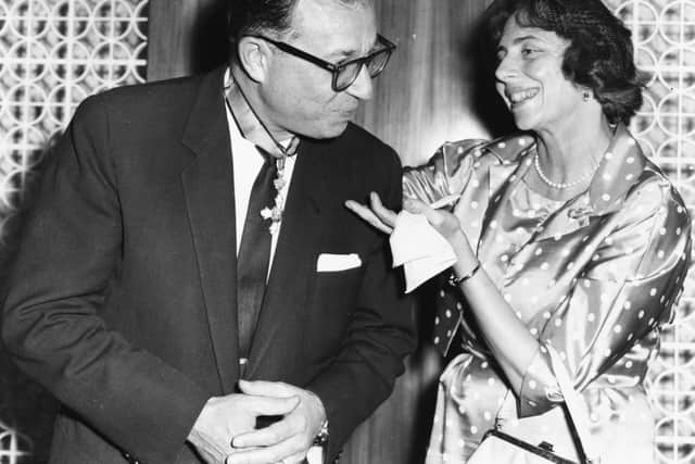 Princess Katherine of Greece, sister of King Paul, talking to film producer Carl Foreman after she had presented him with the Royal Order of the Phoenix for his film 'The Guns of Navarone', July 11th 1962. (Photo by Central Press/Hulton Archive/Getty Images)