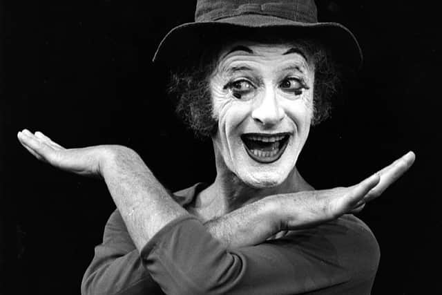24th July 1972:  French mime artist Marcel Marceau on stage at Sadler's Wells Theatre in London.  (Photo by Mike Lawn/Fox Photos/Getty Images)