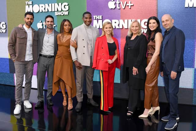 LOS ANGELES, CALIFORNIA - SEPTEMBER 08: (L-R) Hasan Minhaj, NÃ©stor Carbonell, Karen Pittman, Desean K Terry, Reese Witherspoon, Mimi Leder, Julianna Margulies, and Head of Media Res Studio Michael Ellenberg attend Apple TV+'s "The Morning Show" Photo Call at Four Seasons Hotel Los Angeles at Beverly Hills on September 08, 2021 in Los Angeles, California. (Photo by Jon Kopaloff/Getty Images)