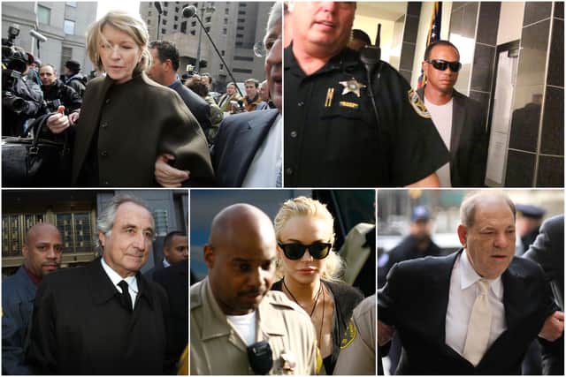 Clockwise from top left: Martha Stewart, Tiger Woods, Harvey Weinstein, Lindsay Lohan, and Bernie Madoff are all notable names who have undergone ‘perp walks’ (Photos: Getty Images)