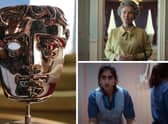 L: A gold BAFTA mask; R: Imelda Staunton as Queen Elizabeth in The Crown, and Ambika Mod as Dr Shruti Acharya in This Is Going to Hurt (Credit: Getty/Netflix/BBC One)