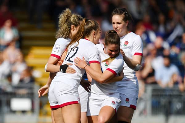 England celebrate scoring their seventh try against Scotland in 2022 Six Nations tournament