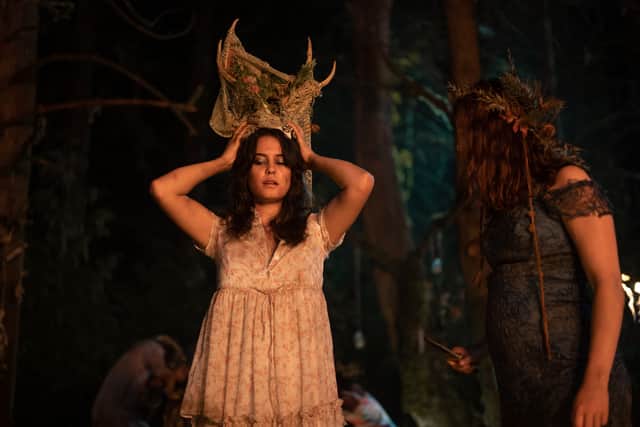 Courtney Eaton as Teen Lottie in Yellowjackets, assuming the crown of the Antler Queen (Credit: Kailey Schwerman/SHOWTIME)