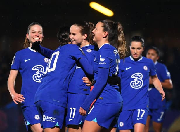 Chelsea celebrate scoring in FA WSL match against Brighton in March 2023