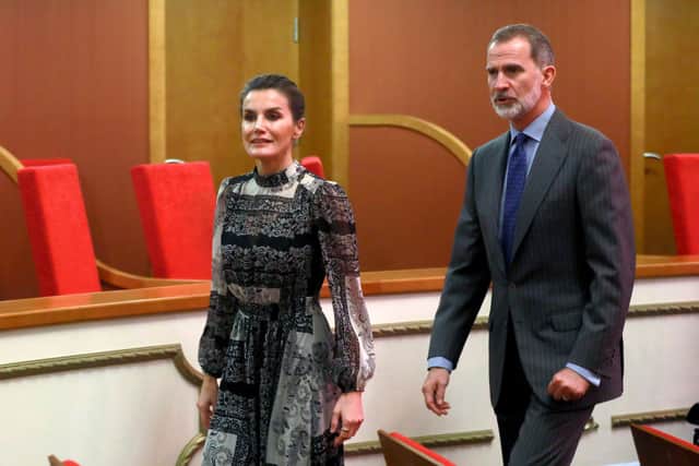 Queen Letizia of Spain and King Felipe of Spain attend the official opening ceremony of the Llabrés Pharmacy as the headquarters of the Hesperia Foundation at Teatre des Born in Ciutadella on January 12, 2023 in Menorca, Spain. (Photo by Clara Margais/Getty Images)