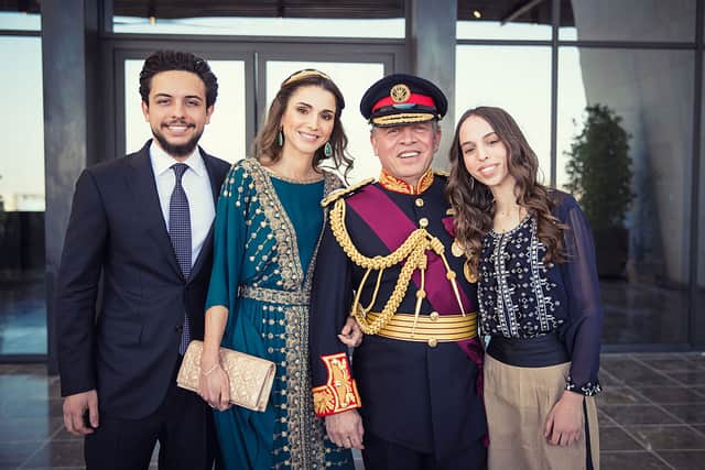 His Majesty King Abdullah, the Supreme Commander of the Jordan Armed Forces-Arab Army (JAF) and Queen Rania of Jordan with Crown Prince Hussein (L) and Princess Salma (R) attend to celebrate the Great Arab Revolt centennial at Al Rayah parade ground in the Royal Hashemite Court on June 02, 2016 in Amman, Jordan. (Photo by Royal Hashemite Court vis Getty Images)