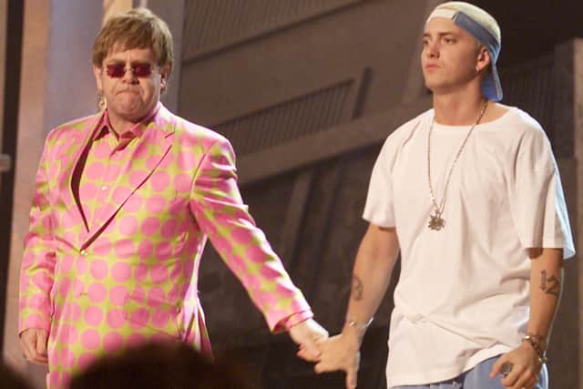 Elton John and Eminem perform at the 43rd Annual Grammy Awards at Staples Center, Los Angeles, Ca. 2/21/01. (Photo by Kevin Winter/Getty Images)