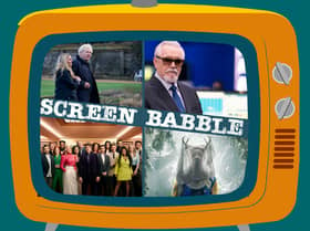 The orange Screen Babble television, featuring images from This England, Succession, Rise and Fall, and Yellowjackets (Credit: Sky/HBO/Channel 4/Paramount+/NationalWorld Graphics)