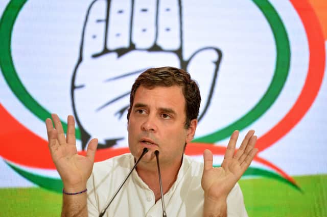 Indian National Congress Party president Rahul Gandhi gestures as he speaks during a press conference, in New Delhi on May 23, 2019. (Photo by SAJJAD HUSSAIN/AFP via Getty Images)