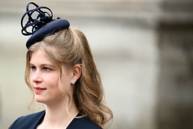 Lady Louise Windsor leaves after attending a Service of Thanksgiving for Britain's Prince Philip, Duke of Edinburgh, at Westminster Abbey in central London on March 29, 2022. - A thanksgiving service will take place on Tuesday for Queen Elizabeth II's late husband, Prince Philip, nearly a year after his death and funeral held under coronavirus restrictions. Philip, who was married to the queen for 73 years, died on April 9 last year aged 99, following a month-long stay in hospital with a heart complaint. (Photo by Daniel LEAL / AFP) (Photo by DANIEL LEAL/AFP via Getty Images)
