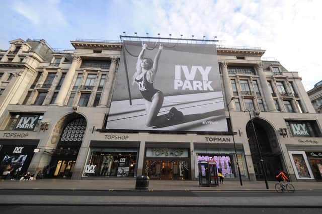 LONDON, ENGLAND - APRIL 14: General view of TopShop on Oxford Street, London, with Beyonce's Ivy Park collection advertisement as it goes on sale at TopShop on April 14, 2016 in London, England. (Photo by Stuart C. Wilson/Getty Images)