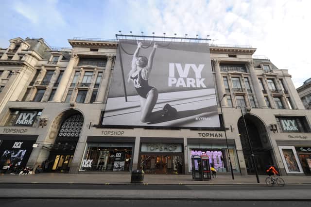 LONDON, ENGLAND - APRIL 14:  General view of TopShop on Oxford Street, London, with Beyonce's Ivy Park collection advertisement as it goes on sale at TopShop on April 14, 2016 in London, England.  (Photo by Stuart C. Wilson/Getty Images)