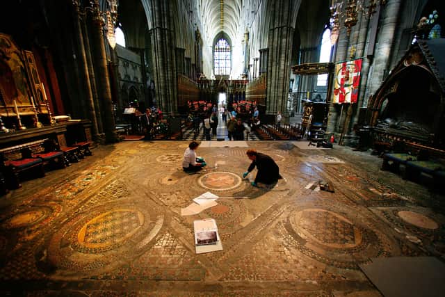 Conservators carry out restoration of Westminster Abbey's Cosmati Pavement on May 6, 2008 in London, England (Credit: Getty Images)