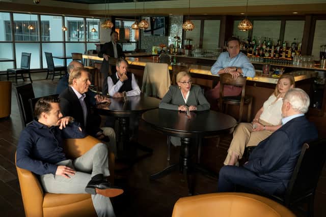 The senior leadership of Waystar Royco discuss Kendall's whistleblowing press conference in Succession Season 3 (Credit: HBO)