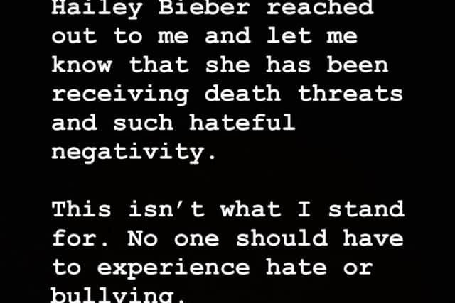 The post that Selena Gomez shared to her millions of fans requesting Hailey's harassment stop (Credit: Instagram)