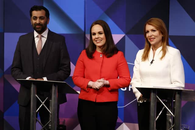 Humza Yousaf, Kate Forbes and Ash Regan will find out who has won the SNP leadership election on 27 March. (Credit: Getty Images)