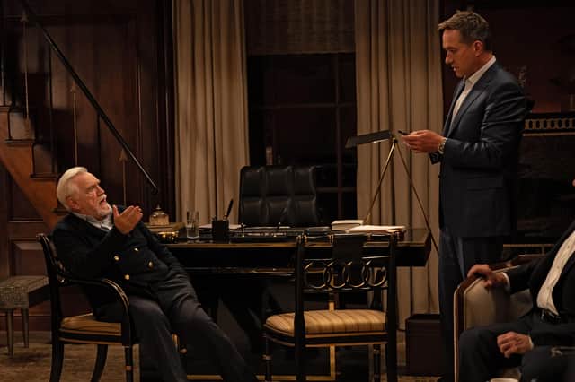 Brian Cox as Logan Roy and Matthew Macfadyen as Tom Wambsgans in Succession Season 4, discussing business (Credit: HBO)