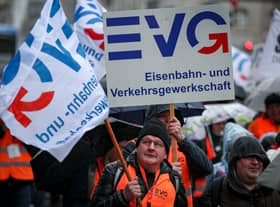 Members of the Railway and Transport Union and of the United Service Union (ver.di) protest in Munich city centre during a nationwide strike on 27 March in Germany (Photo: Leonhard Simon/Getty Images)