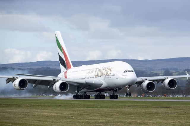 The Airbus A380 landing at Glasgow Airport for the first time since September 2019 (Photo: PA)