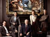 Jeremy Strong as Kendall Roy, Kieran Culkin as Roman Roy, Brian Cox as Logan Roy, Sarah Snook as Shiv Roy, and Alan Ruck as Connor Roy in Succession (Credit: HBO)