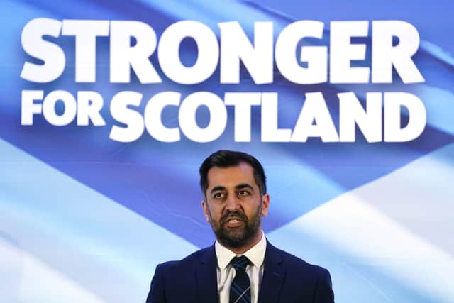 Humza Yousaf speaking at Murrayfield Stadium in Edinburgh, after it was announced that he is the new Scottish National Party leader, and will become the next First Minister of Scotland. Credit: PA
