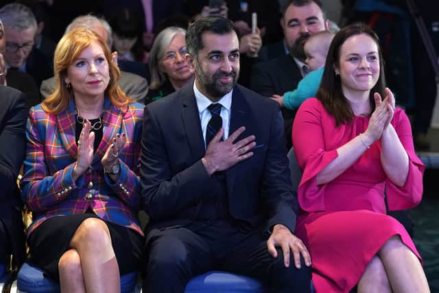  Ash Regan, Humza Yousaf and Kate Forbes at Murrayfield Stadium in Edinburgh, after it was announced Humza Yousaf is the new Scottish National Party leader. Credit: PA