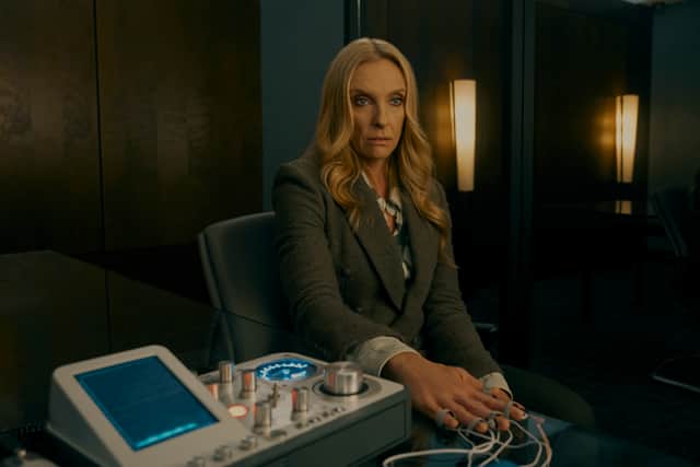 Toni Collette as Margot Cleary-Lopez in The Power, taking a lie detector test (Credit: Katie Yu/Prime Video)