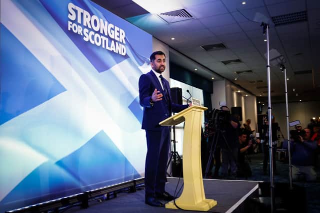 Humza Yousaf speaks after being elected as new SNP party leader, at Murrayfield on March 27, 2023 in Edinburgh, Scotland. Credit: Jeff J Mitchell/Getty Images