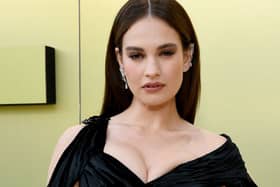 Lily James attends the Versace FW23 Show at Pacific Design Centre