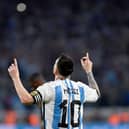Messi celebrates scoring his 100th goal for Argentina against Curacao