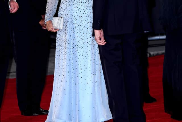 Queen Camilla wore a Bruce Oldfield dress to the premiere of the James Bond film 'No Time To Die' in 2021. Photograph by Getty for EON Productions