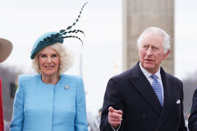 Camilla, Queen Consort wearing Bruce Oldfield on a three-day visit to Germany with King Charles. Photograph by Getty