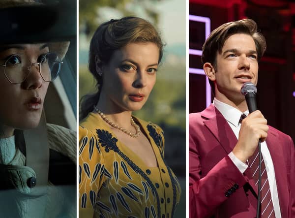 Ali Wong as Amy in BEEF; Gillian Jacobs as Madeline in Transatlantic; John Mulaney performing Baby J (Credit: Netflix)