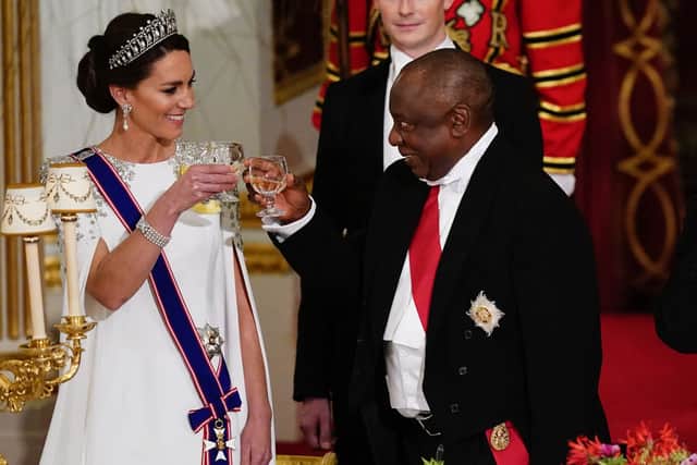 Kate Middleton wore the Queen Mary’s Lover’s Knot Tiara at the  State Banquet at Buckingham Palace during the State Visit to the UK by President Cyril Ramaphosa of South Africa. Photograph by Getty
