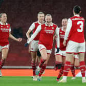 Frida Maanum celebrates scoring Arsenal’s first goal in WUCL quarter-final