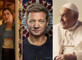 Kathryn Hahn as Clare in Tiny Beautiful Things; Jeremy Renner as himself in Rennervations; Jorge Mario Bergoglio as Pope Francis in The Pope Answers (Credit: Disney+)