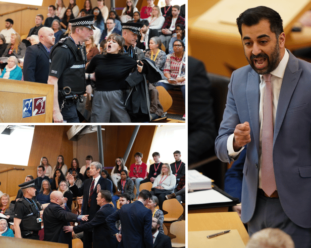 Protesters disrupted Humza Yousaf's first First Minister's Questions session. (Credit: PA)