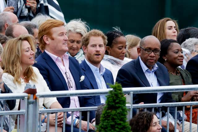 Mark Dyer (L), Prince Harry (C) and Prince Seeiso of Lesotho (R) attend the Sentebale Concert at Kensington Palace on June 28, 2016 in London, England. Sentebale was founded by Prince Harry and Prince Seeiso of Lesotho over ten years ago. It helps the vulnerable and HIV positive children of Lesotho and Botswana.  (Photo by Matt Dunham - WPA Pool/Getty Images)