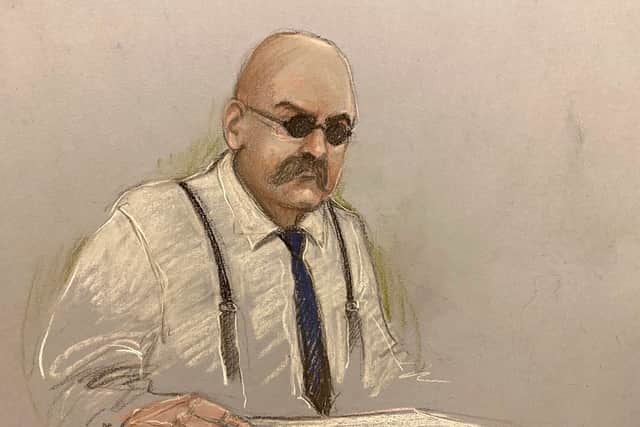 File photo dated 06/03/23 of court artist sketch by Elizabeth Cook of notorious inmate Charles Bronson, appearing via video link from HMP Woodhill, during his public parole hearing at the Royal Courts Of Justice, London (Photo: PA)