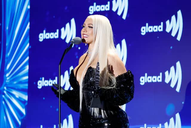 BEVERLY HILLS, CALIFORNIA - MARCH 30: Christina Aguilera speaks onstage during the GLAAD Media Awards at The Beverly Hilton on March 30, 2023 in Beverly Hills, California. (Photo by Frazer Harrison/Getty Images for GLAAD)