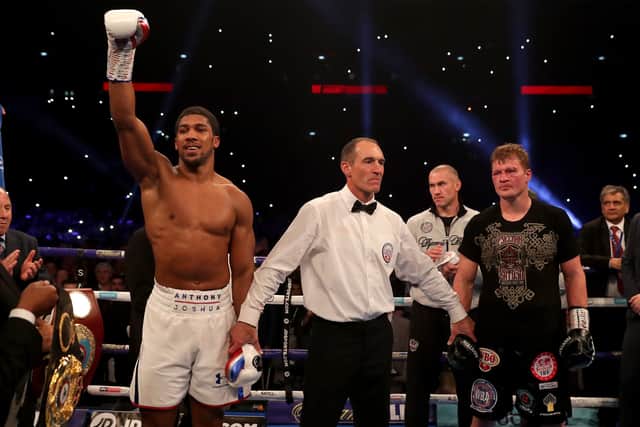 Anthony Joshua celebrates victory over Alexander Povetkin. (Getty Images)