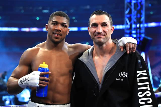 Anthony Joshua stands with Wladimir Klitschko after his victory. (Getty Images)