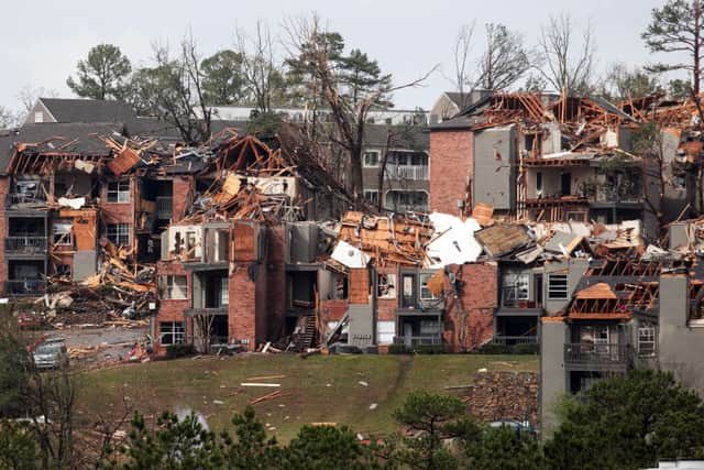 The remains of the Calais Apartment complex damaged by a tornado is seen on March 31, 2023 in Little Rock, Arkansas. (Photo by Benjamin Krain/Getty Images)