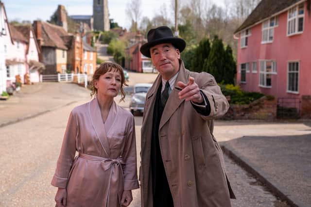 Lesley Manville as Susan Ryeland and Tim McMullan as Atticus Pund in Magpie Murders (Photo: BBC/Eleventh Hour Films/Nick Wall)