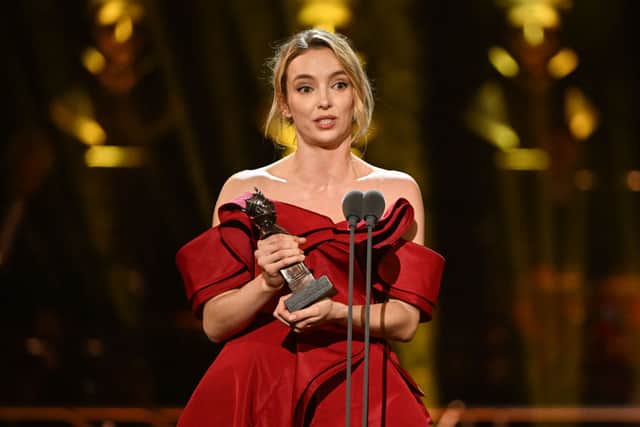 Jodie Comer with the Best Actress award for Prima Facie onstage at The Olivier Awards 2023 at the Royal Albert Hall on April 02, 2023 in London, England. (Photo by Jeff Spicer/Getty Images for SOLT)