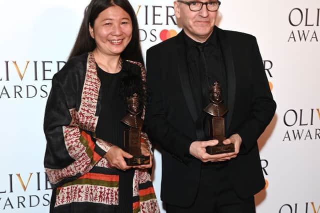 Kimie Nakano, winner of Best Costume Design for "My Neighbor Totoro", and Tom Pye, winner of Best Set Design for "My Neighbor Totoro", pose in the winner's room during The Olivier Awards 2023 at the Royal Albert Hall on April 02, 2023 in London, England. (Photo by Stuart C. Wilson/Getty Images)