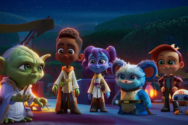 Yoda with Jedi younglings Kai, Lys, and Nubs, with their friends Nash and RJ-83 on planet Tenoo in Star Wars: Young Jedi Adventures (Credit: Lucasfilm/Disney+)