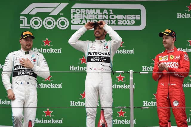 Lewis Hamilton celebrates winning the Chinese Grand Prix in 2019