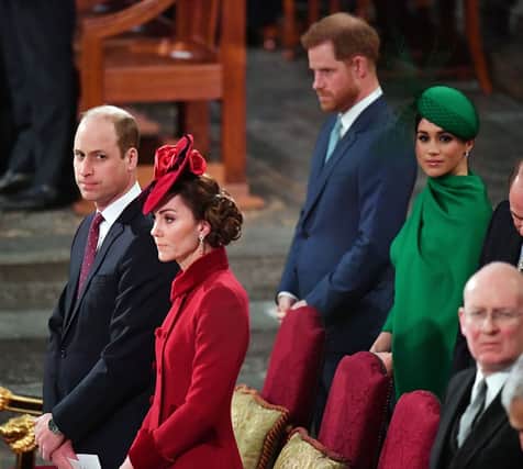 Prince Harry and Meghan Markle sat behind Prince William and Kate Middleton at the the annual Commonwealth Service in London on March 9, 2020. It is extremely unlikely the couple will sit behind them at the coronation in May. Photograph by Getty